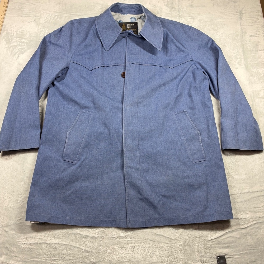 Vintage 1970s London Fog Maincoat Men 44 R Blue Car Coat Bicentennial Lining